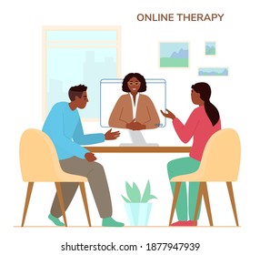 Online Family Therapy Concept Flat Vector Illustration. African American Couple Discussing Their Problems With Woman Psychologist Or Psychotherapist By Videoconference Call.