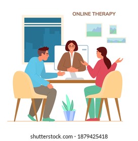 Online Family Therapy Concept Flat Vector Illustration. Couple Discussing Their Problems With Woman Psychologist Or Psychotherapist By Videoconference Call.