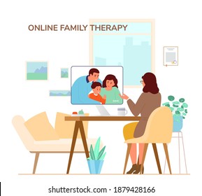 Online Family Therapy Concept Flat Vector Illustration.  Woman Psychologist Or Psychotherapis Giving Online Session By Videoconference From Her Office.