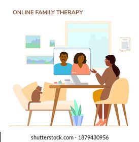 Online Family Therapy Concept Flat Vector Illustration. Woman Psychologist Or Psychotherapis Giving Online Session To African American Couple By Videoconference From Her Office.