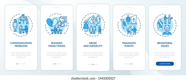 Online Family Therapy Types Onboarding Mobile App Page Screen With Concepts. Blended Family Issues Walkthrough 5 Steps Graphic Instructions. UI Vector Template With RGB Color Illustrations