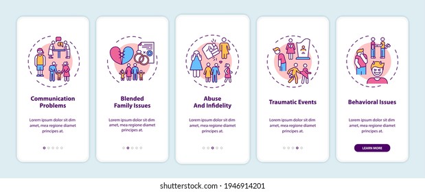 Online Family Therapy Types Onboarding Mobile App Page Screen With Concepts. Communication Problems Walkthrough 5 Steps Graphic Instructions. UI Vector Template With RGB Color Illustrations