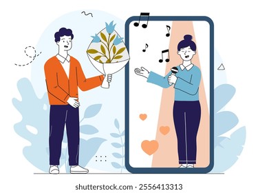 Online fan of singer. Man with bouquet near smartphone with singing woman. Entertainment and fun. Concert on internet. Linear vector illustration isolated on white background