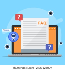 Online FAQ document with AI chatbot customer support concept. Showing automated help system, question answers, virtual assistant, and digital support service on laptop screen.