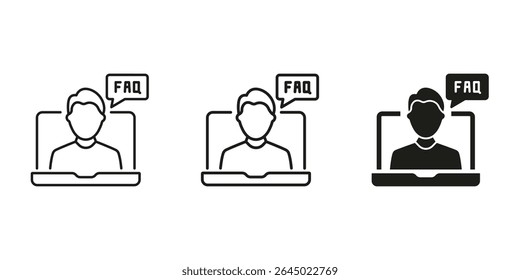 Conjunto de iconos de Asistencia de preguntas frecuentes en línea. Asistencia Al Cliente E Información Helpdesk Esquema Y Silueta Símbolo Colección. Representación Virtual De Ayuda Y Orientación. Ilustración vectorial aislada.