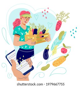 Online farm production delivery with farmer female character holding box with vegetables, cartoon vector illustration isolated on white background. Online food and grocery shop.