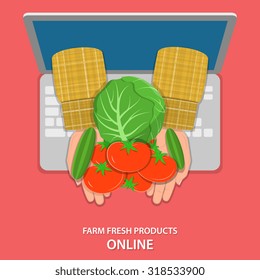 Online farm products ordering flat vector concept. Farmers hand with vegetables appear from laptops screen.