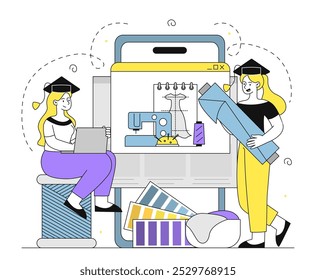 Online fashion designer courses. Women wearing graduate caps watch training videos. Clothing production process. Fashion, trend and style. Distance learning and training. Linear vector illustration