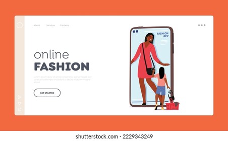 Online Fashion Landing Page Template. Virtual Fitting Room, Webstore, Purchases. Female Character Choose Clothes And Accessories front of Huge Smartphone Screen. Cartoon People Vector Illustration