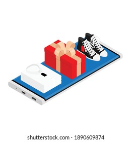Online fashion shopping concept. Shoes, shirts and red gift box lying on smartphone screen