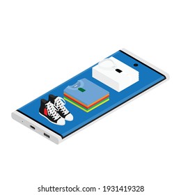 Online fashion shopping concept. Stack of jeans, shoes, shirts and t-shirt lying on smartphone screen