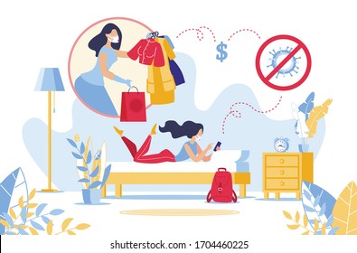 Online Fashion Shopping from Home in Covid19 Coronavirus Pandemic Quarantine. Young Woman Keeping Distance for Decrease Order Clothes Goods via Mobile App. Secure Purchase and Delivery Service