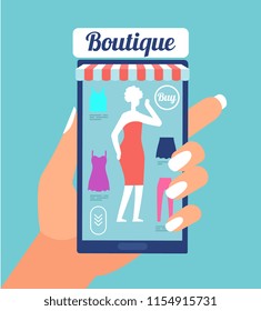 Online fashion store. Clothes shop app on mobile phone screen. Fashion shopping mobile retail vector concept. Illustration of shop retail store on smartphone