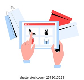 Online Fashion Store Displayed On Tablet Screen In Flat Vector Illustration Symbolizing Digital Shopping, E Commerce, And Online Retail, Isolated On White Background.