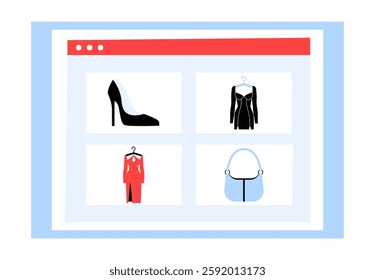 Online Fashion Store Interface With High Heels, Dress, And Handbag In Flat Vector Illustration Symbolizing Digital Clothing Shopping, E Commerce, And Web Retail, Isolated On White Background