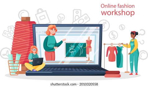 Online fashion workshop. Seamstress or tailor distance education platform. Professional master sewing clothes. Creative atelier profession. Teacher explains pattern on laptop screen to female student