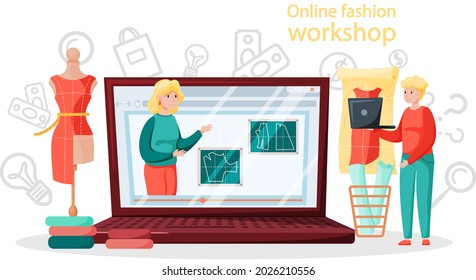 Online fashion workshop. Seamstress or tailor distance education platform. Professional master sewing clothes. Creative atelier profession. Teacher explains pattern on laptop screen to female student