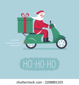 Online fast Christmas gift delivery by motor scooter. Santa Claus riding a scooter with a delivery gift box. Greeting card design. Vector illustration