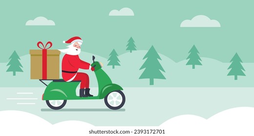 Online fast Christmas gift delivery by motor scooter. Santa Claus riding a scooter with a delivery gift box. Christmas background. Vector illustration