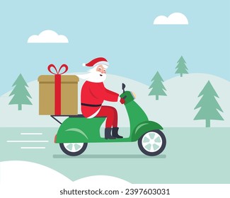 Online fast Christmas gift delivery by motor scooter. Santa Claus riding a scooter with a delivery gift box. Christmas background. Vector illustration