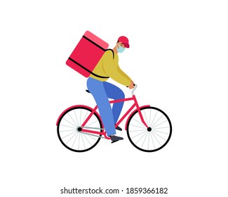 Online fast delivery by bicycle. Courier in medical mask riding a red bicycle with a delivery box. Vector illustration