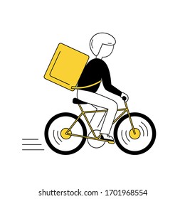 Entrega rápida en línea. Hombre de parto montando una bicicleta con comida ordenada. Ilustración vectorial de Doodle. 
