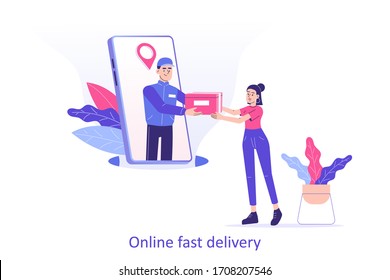 Online fast delivery service concept. Young delivery man or courier popping from huge smartphone screen and delivering a package or box to happy woman. Delivery home or office. Vector illustration