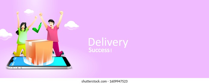 Online fast delivery services buy in E-commerce. Express delivery mobile concept by phone, Delivery package success sent to home. Vector illustration