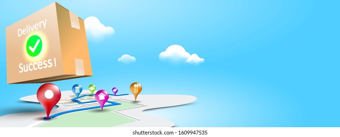 Online fast delivery services buy in E-commerce. Express delivery mobile concept by phone, Delivery package success sent to home. Vector illustration