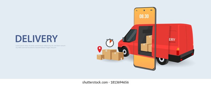 Online fast delivery services buy in E-commerce. Express delivery mobile concept by phone, Car Delivery order by phone online. Vector illustration
