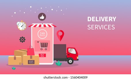 Online fast delivery services concept. mobile app courier illustration by cargo truck. gradient color in the background. flat vector style