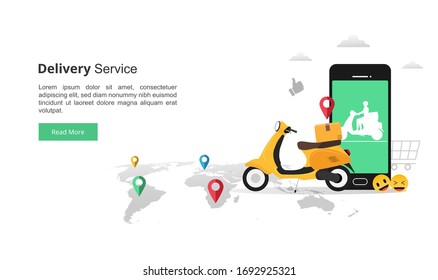 Online fast delivery services concept with smartphone. courier illustration with yellow scooter and colorful navigation on map symbol. flat vector style
