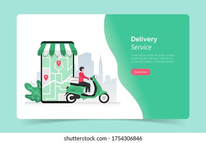 Online fast delivery services concept. courier man illustration with green scooter and  smartphone app navigation. city skyline in the background. Landing page flat vector