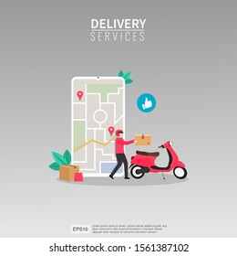 Online fast delivery services with map navigation on phone concept. mobile app courier illustration by delivery man and a scooter.  flat vector style