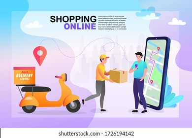 Online fast delivery services with map navigation on phone concept. Shipping with courier and scooter.  flat vector style.