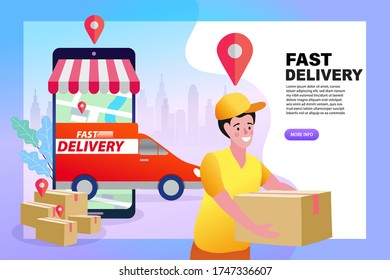 Servicios de entrega rápida en línea con navegación de mapas en el concepto de teléfono. página de inicio, plantilla, ui, web, aplicación móvil, estilo vector plano.