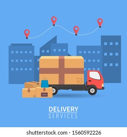 Online Fast or express delivery services concept. mobile app courier illustration by cargo truck. Trucking With Box Parcel Over City Buildings in Background Horizontal. Flat style drawing