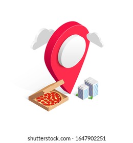 Online fast food delivery service 3d concept. Isometric pizza in box, map pointer, city buildings isolated on white background. Vector illustration for web, advert, italian menu, mobile app