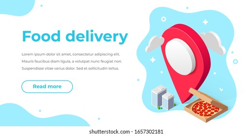 Online fast food delivery service isometric banner concept. 3d pizza in box, map pointer, city buildings, text and button on white. Vector illustration for web page, advert, mobile app, mail