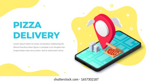 Online fast food delivery service isometric banner. 3d pizza in box, map pointer, buildings, city map on smartphone screen concept. Vector illustration for web site, advert, mobile app