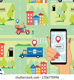 Online Fast Food Delivery Service. Vector image of a scooter and a truck with food on the background of urban buildings and streets with roads and trees of the city Smartphone for ordering food online