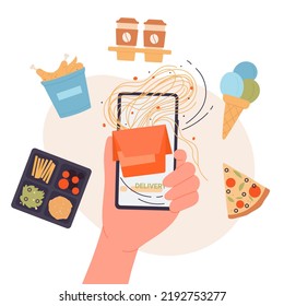 Online fast food order and address delivery from restaurant. Cartoon hand holding phone with mobile app, buying take away meals for dinner or lunch flat vector illustration. Catering service concept