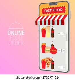 Online fast food order and delivery service concept vector illustration. Order food online, menus, fast food in pseudo 3d design for landing page, web, mobile app, poster, flyer.