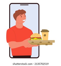 Online fast food ordering concept by phone. Courier delivers online food order to your home. Flat vector illustration on white background. For print, web design.