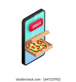 Online fast food ordering isometric concept. 3d pizza in box, button order on smartphone screen isolated on white. Delivery service vector illustration for web, advert, italian menu, mobile app