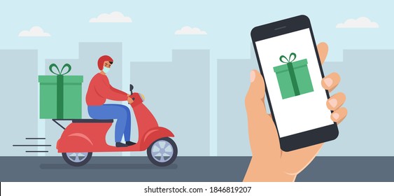 Online fast gift delivery on motor scooter via mobile phone app. Hand holding smart phone. Courier in medical mask riding a red scooter with a delivery gift box. Urban background. Vector illustration