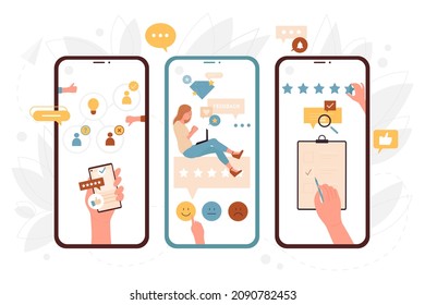 Comentarios en línea sobre la experiencia y revisión de la ilustración vectorial del servicio de análisis. Manos de dibujos animados de los clientes que tienen estadísticas de calificación, encuesta de satisfacción para evaluar, valoración positiva de los clientes
