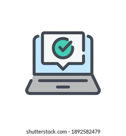 Online Feedback Color Line Icon. Laptop With Chat Box With Check Mark Vector Outline Colorful Sign.