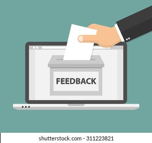 Online Feedback Concept. Hand Putting Paper In The Feedback Box. Flat Style