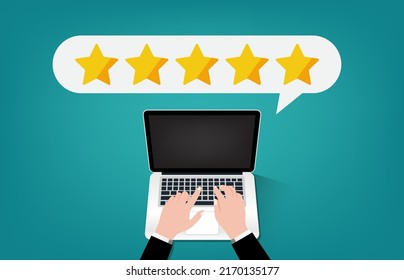 Online feedback concept on the laptop with stars and bubble chat symbol. Filling survey for with a laptop, vector illustration